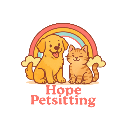 Logo for Hope Petsitting, an orange-toned cartoon dog and cat sitting in front of a cartoon rainbow with the words Hope Petsitting underneath.